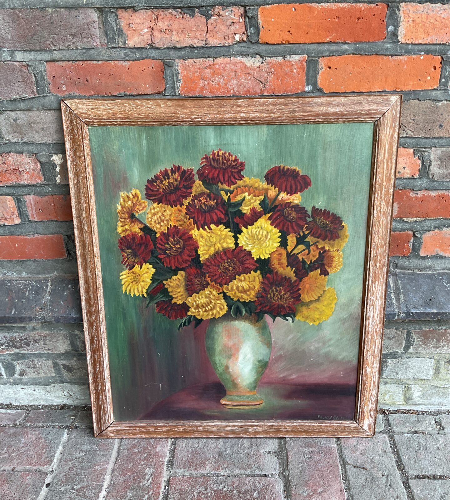 Phyllis stott still life oil on board of flowers in vase