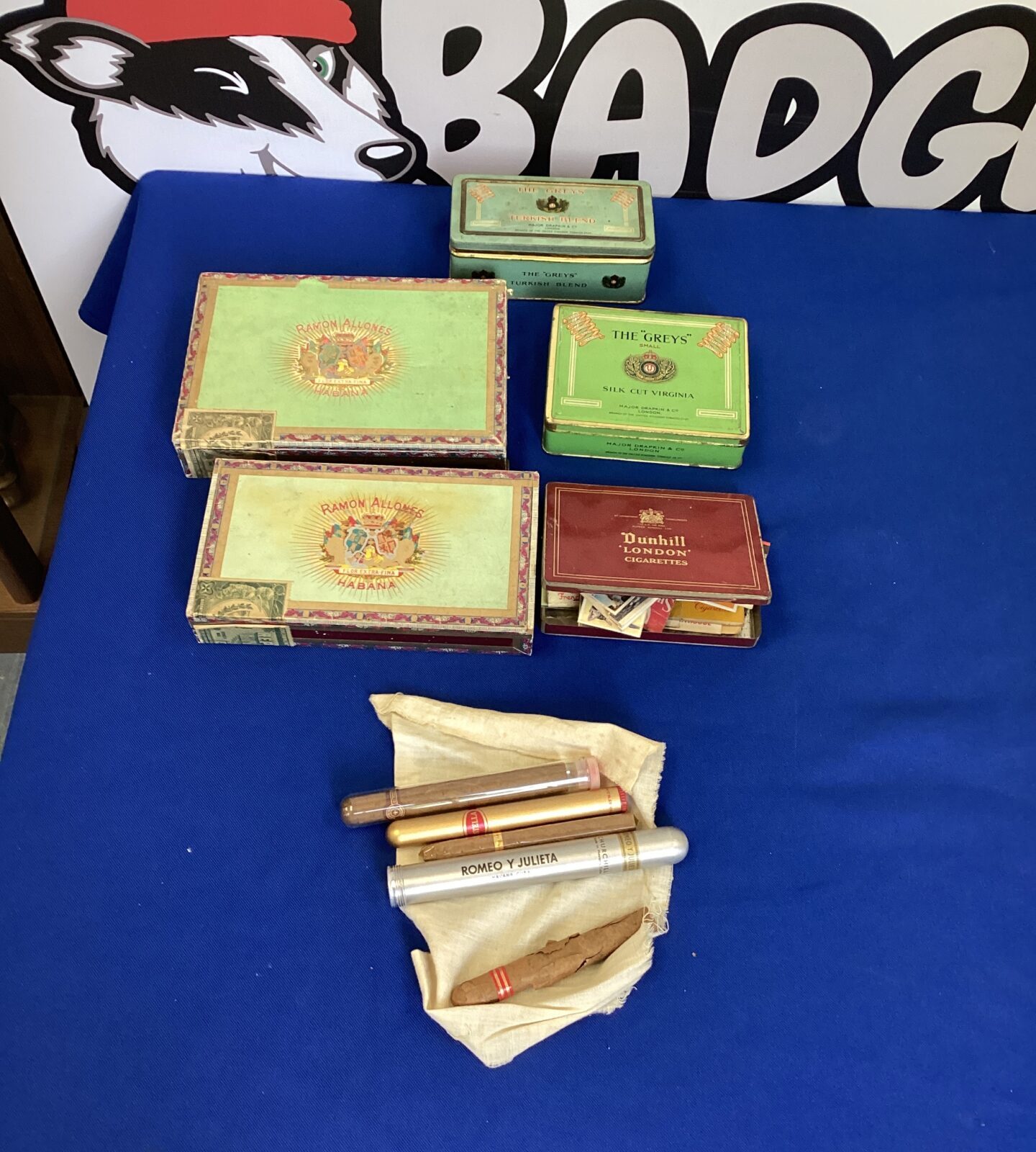 Vintage Cigar Boxes and Tins with vintage cigars and match books - Image 2