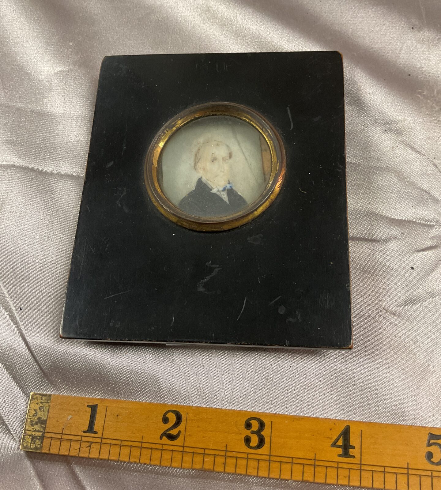 Antique Victorian gentleman miniature watercolour painting on mica