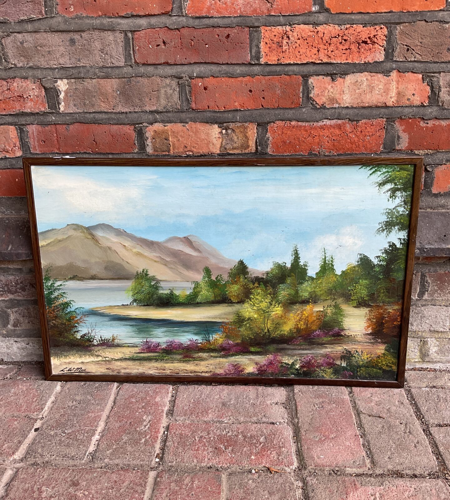 L w mee oil on board landscape of a mountain lake view
