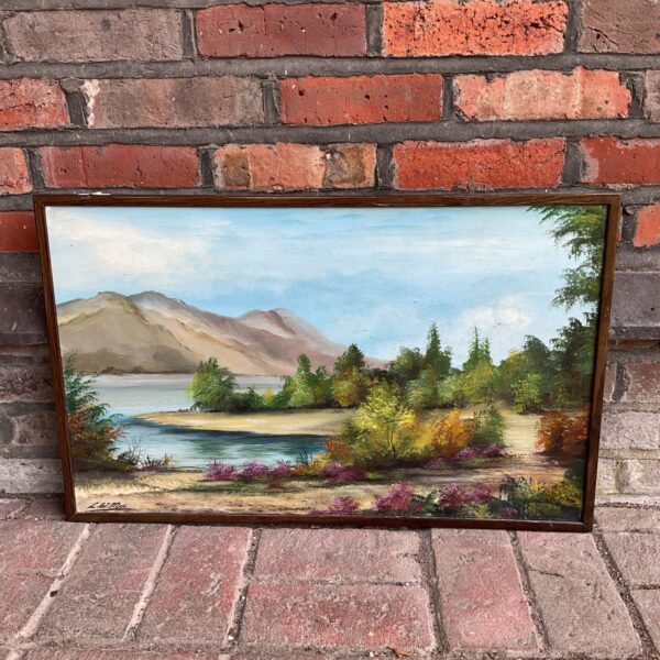 L w mee oil on board landscape of a mountain lake view