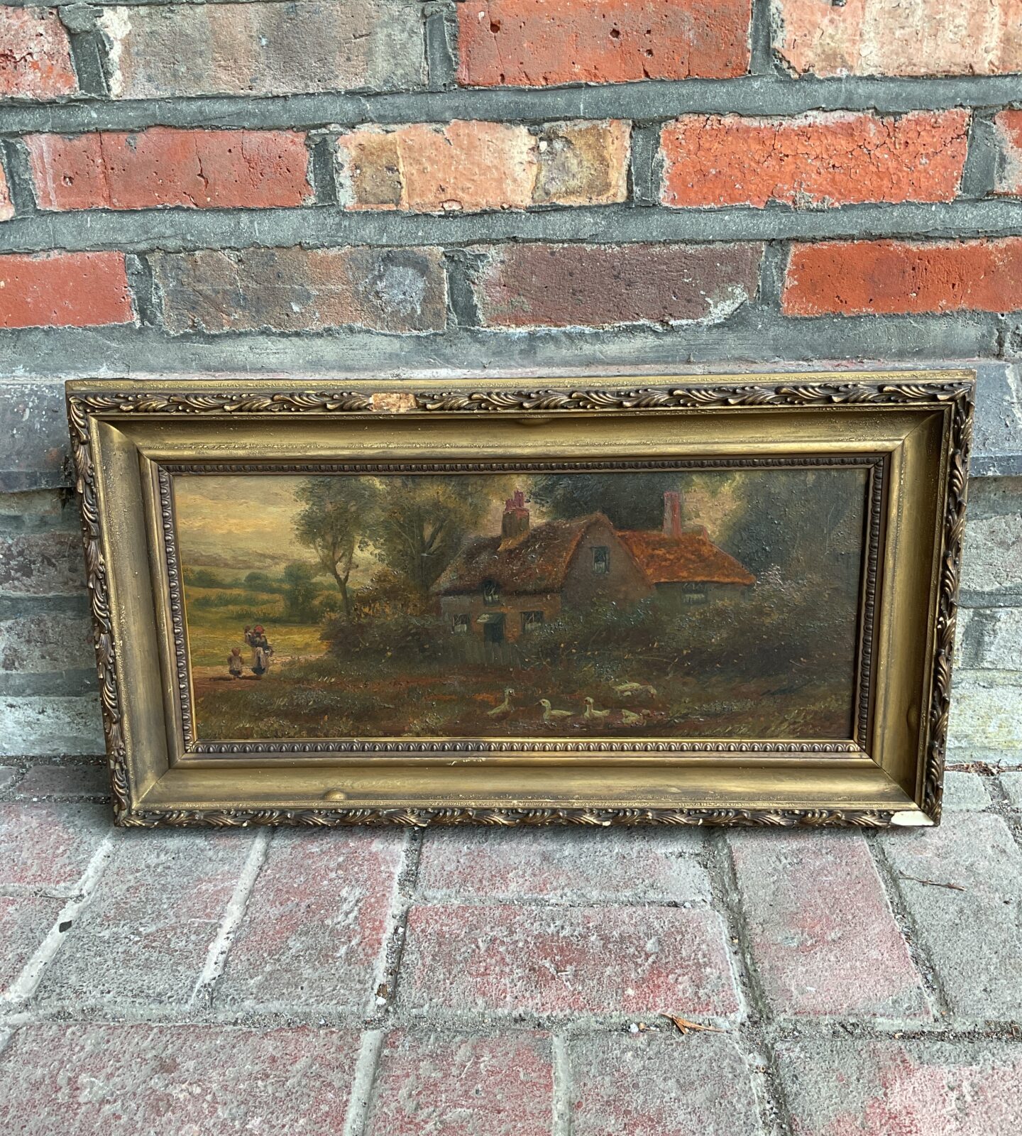 19th century gilt framed oil on board of a cottage scene with geese
