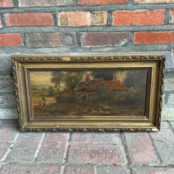 19th century gilt framed oil on board of a cottage scene with geese