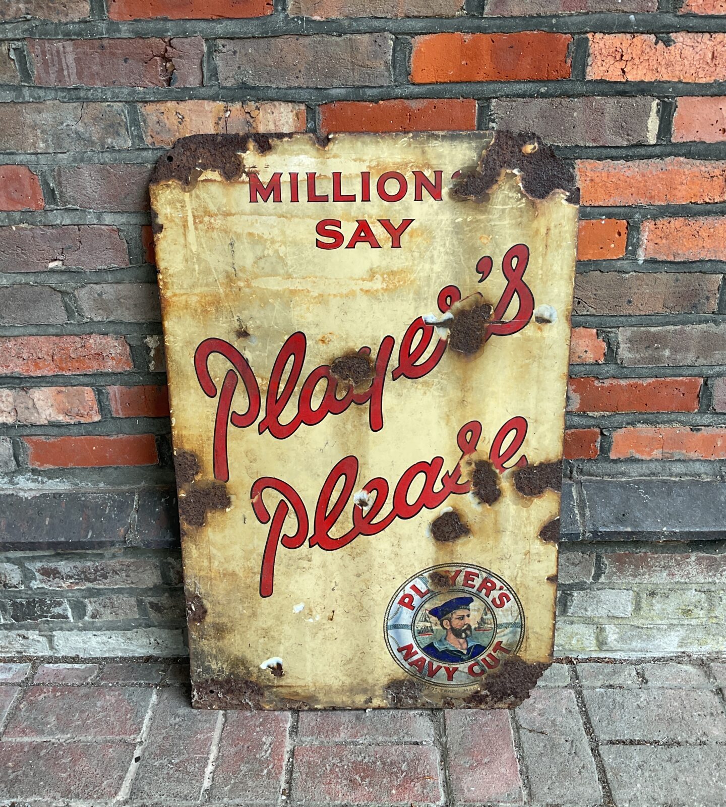 Vintage millions say players please cigarette enamel sign 88cm x 57cm