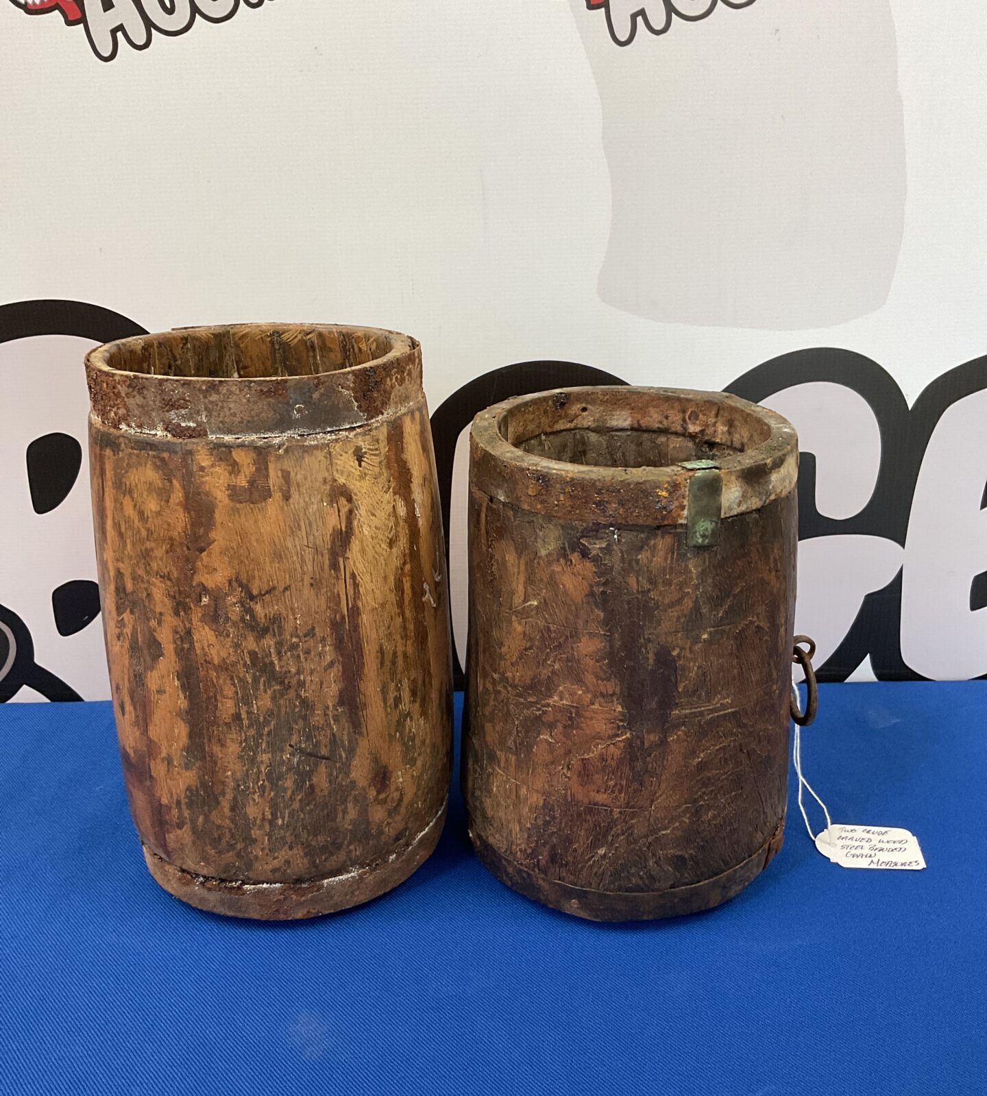 Two antique iron banded grain measures