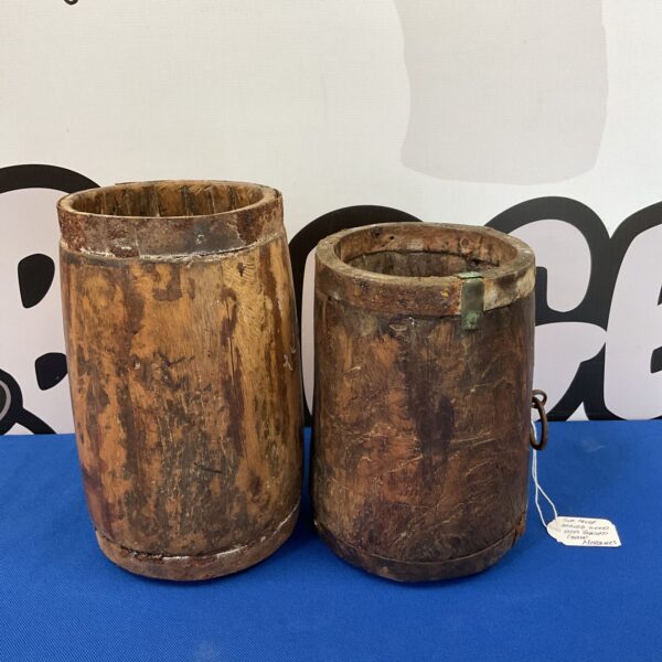 Two antique iron banded grain measures