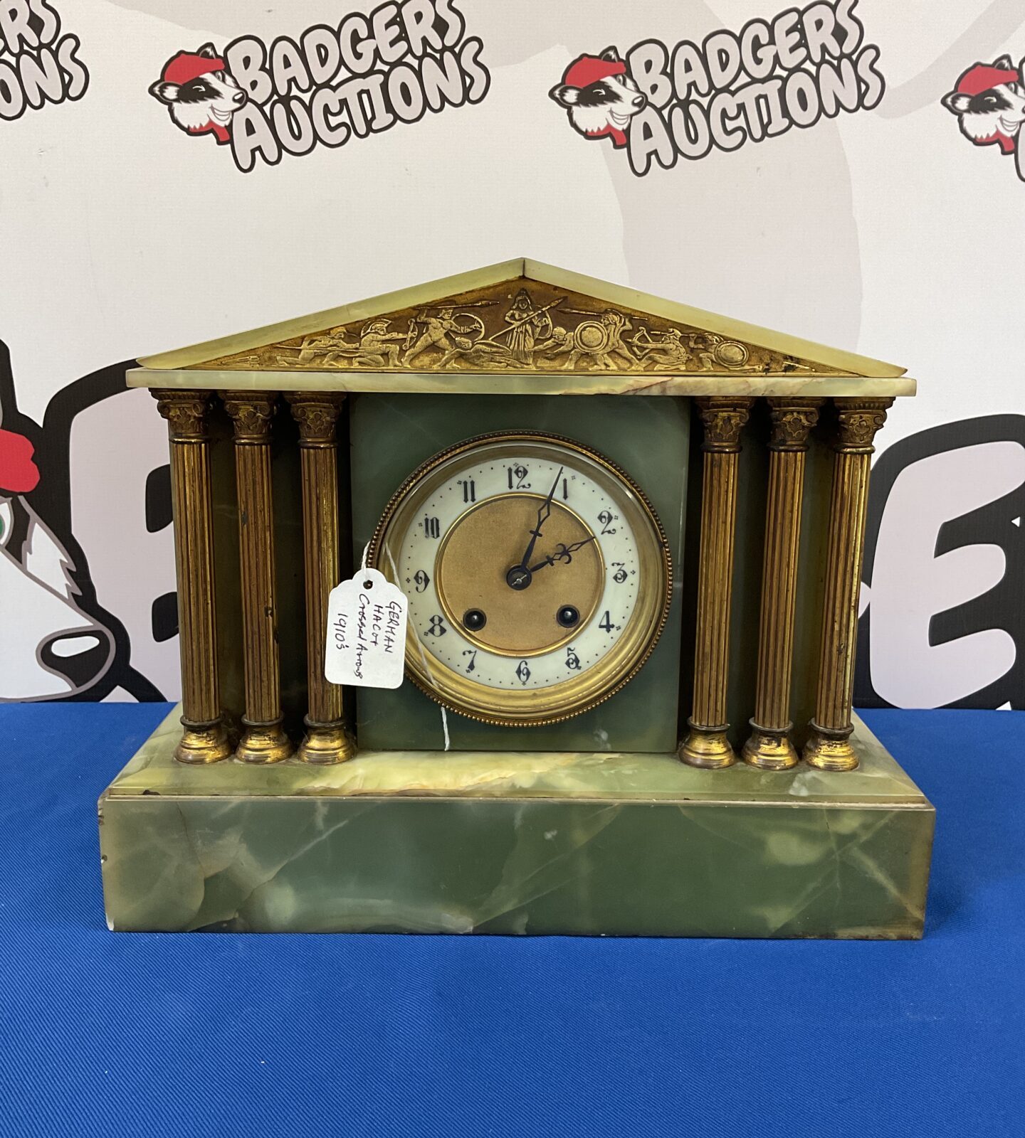 german Hac crossed arrows 1910 green onyx case mantle clock