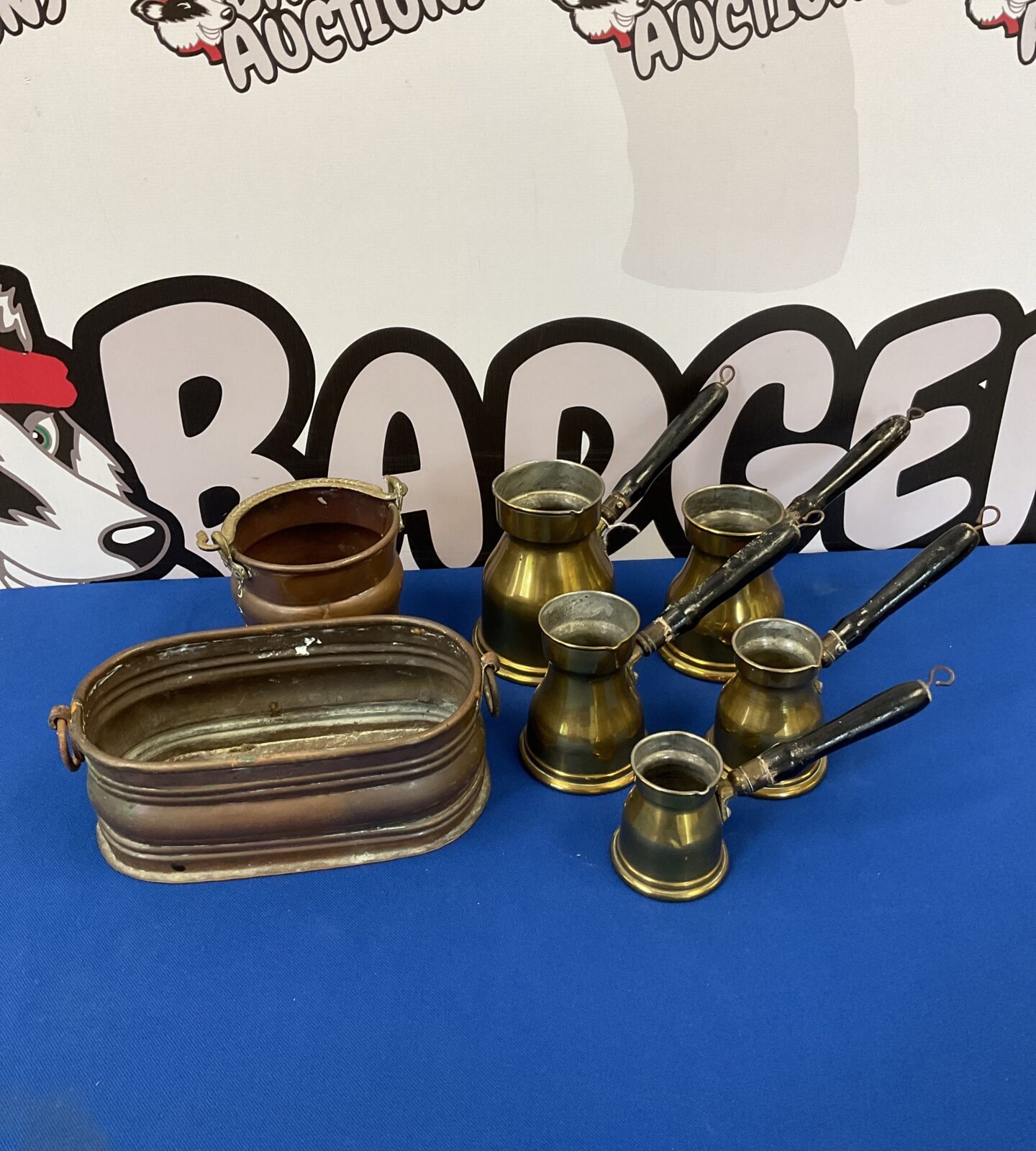 Set of graded brass measures & two copper pots