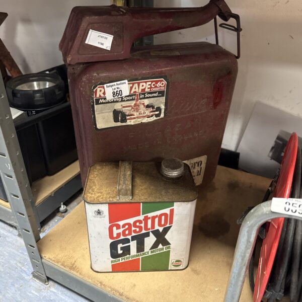 Vintage fuel can with castrol gtx can