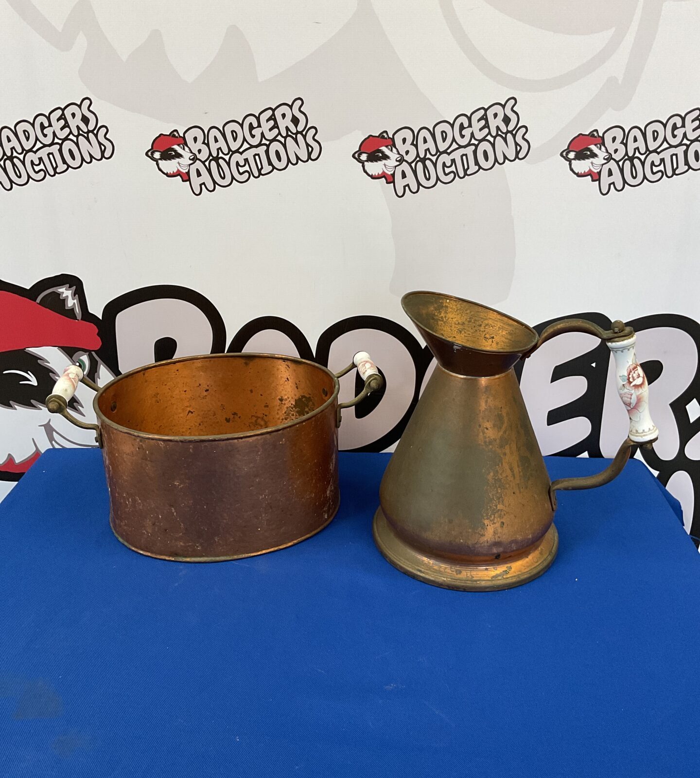 Vintage copper pot & jug with ceramic handles