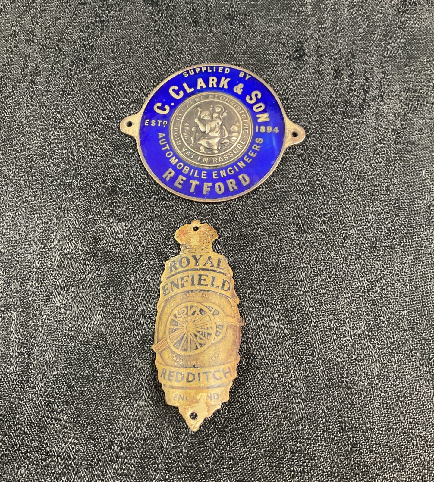 Vintage Royal Enfield bike badge and C Clark& son st Christopher badge