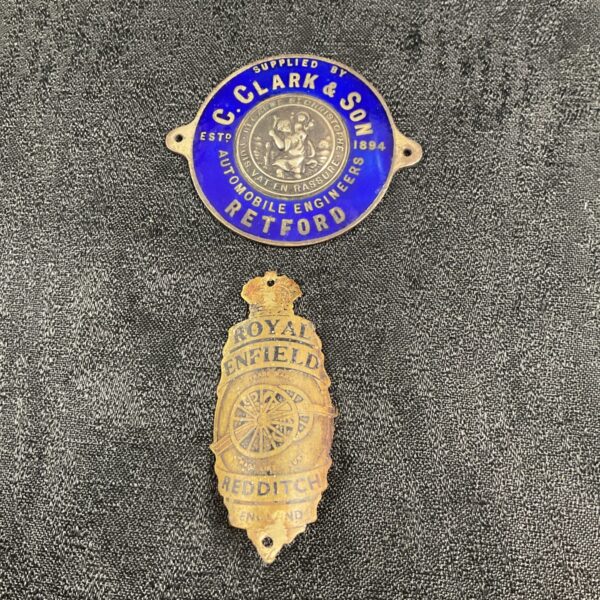 Vintage Royal Enfield bike badge and C Clark& son st Christopher badge