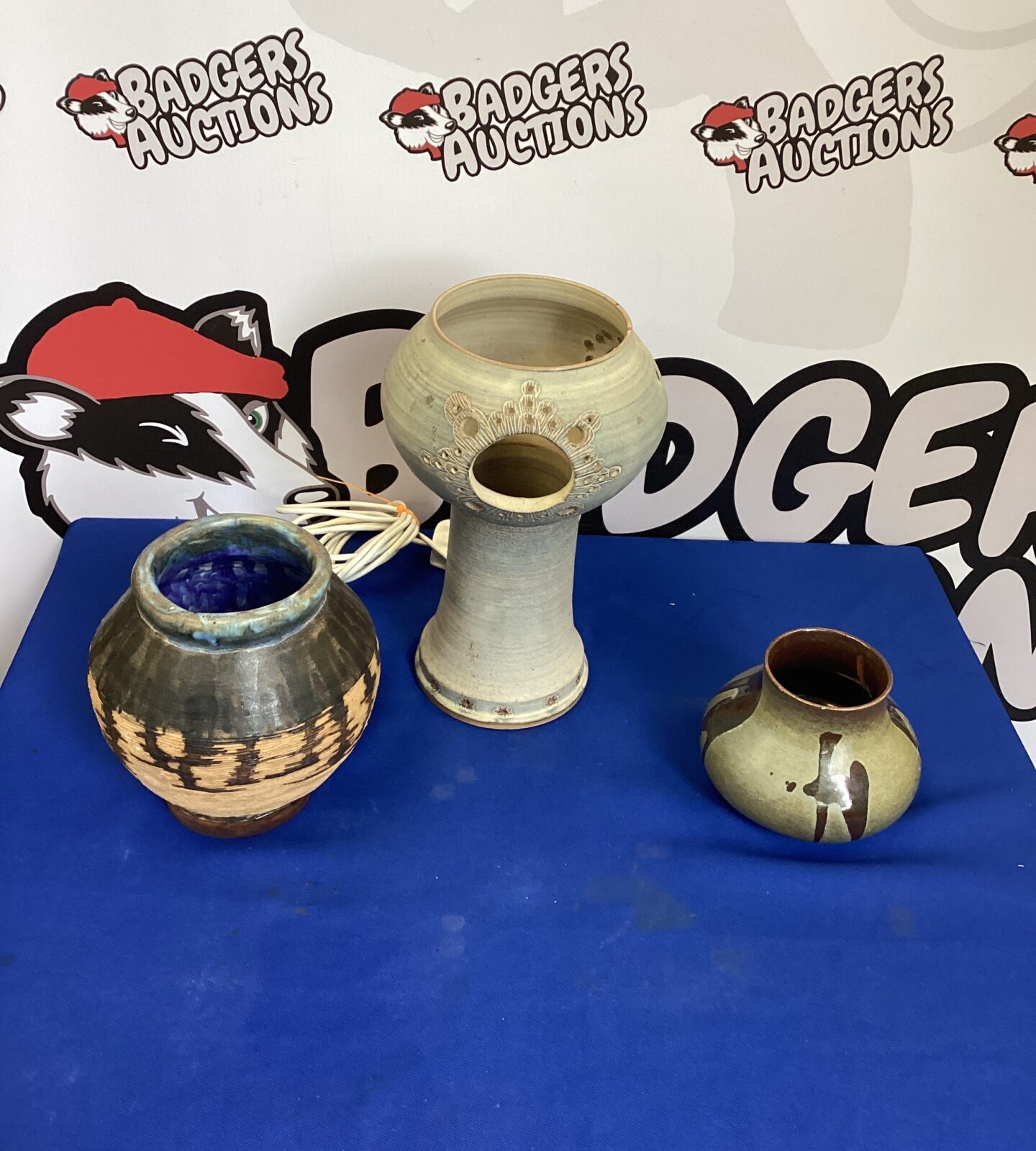 Two handmade pottery vases and Lamp