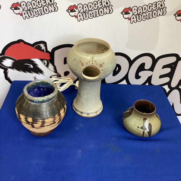 Two handmade pottery vases and Lamp