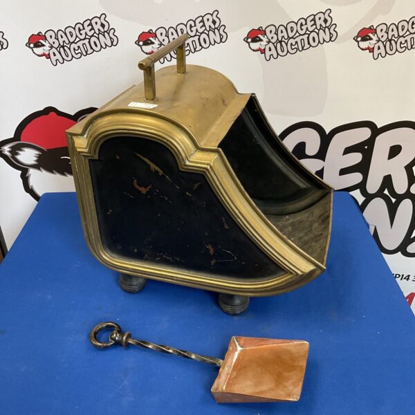 Vintage brass coal scuttle with copper shovel