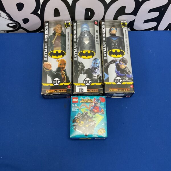 Three mattel batman missions figures and new lego superheroes set 76092