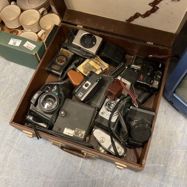 Case of vintage cameras & accessories including kodak & canon