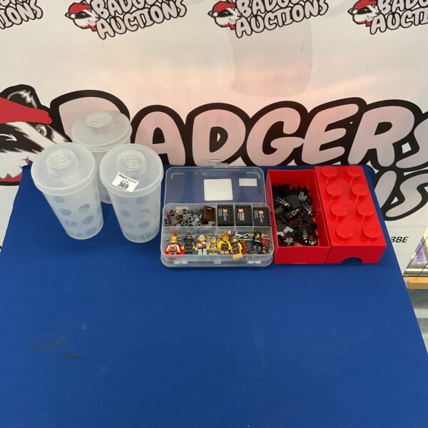 Selection of lego storage boxes with lego style bricks inside