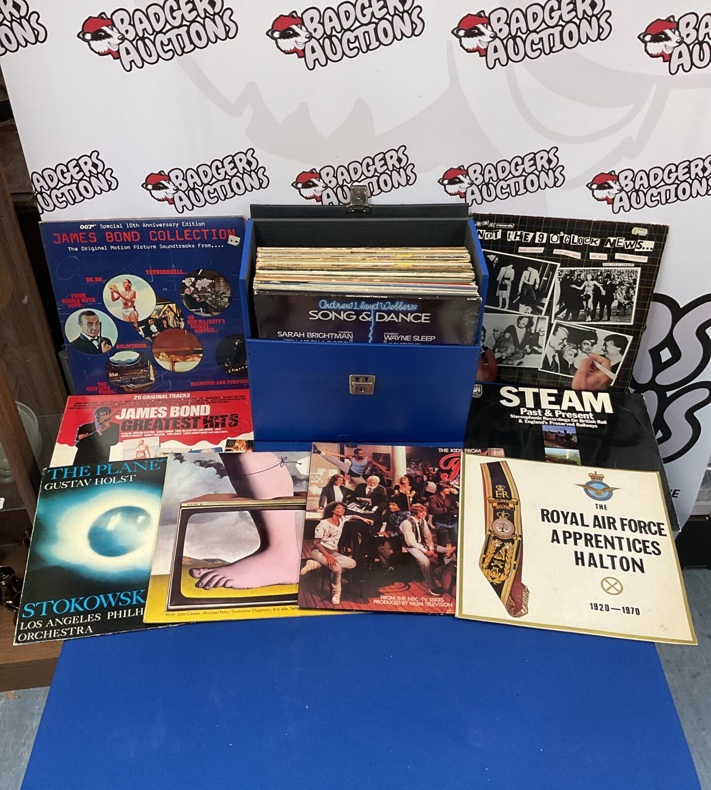 Box of soundtrack 12” vinyl records in case including james bond collection