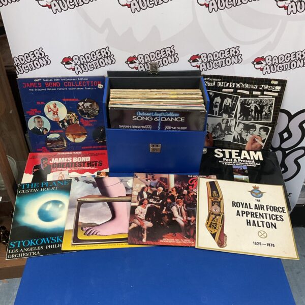Box of soundtrack 12” vinyl records in case including james bond collection