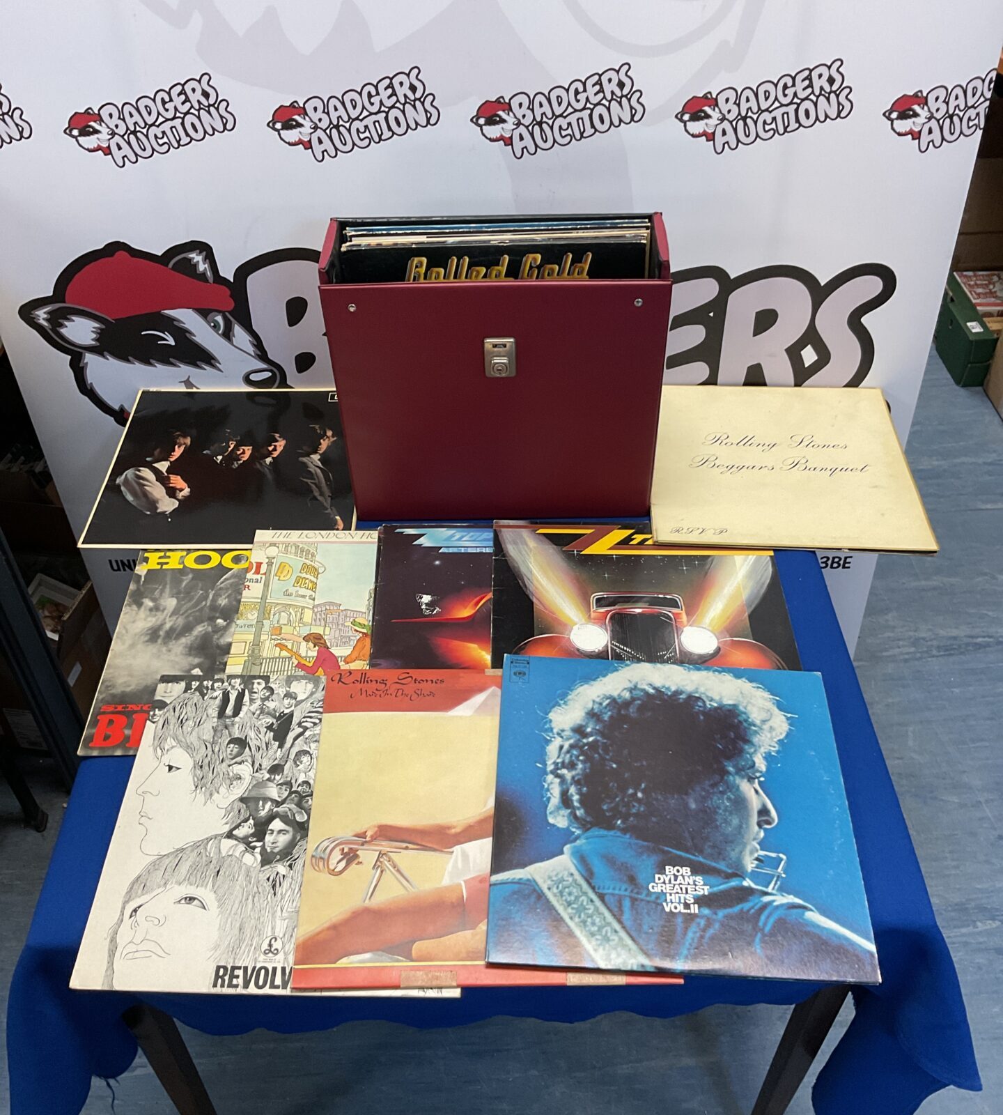 Case of 12” vinyl records including zz top & the rolling stones