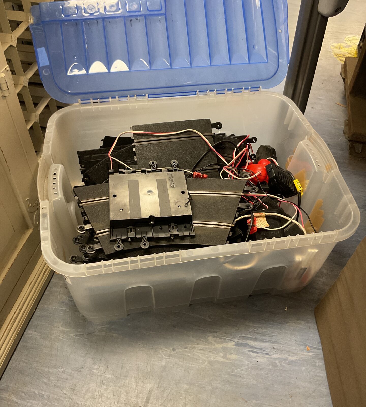 Large box of scalextric tracks and accessories
