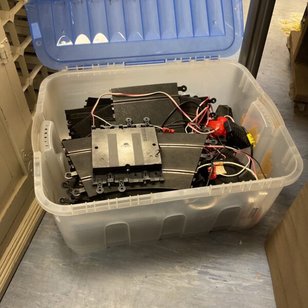 Large box of scalextric tracks and accessories