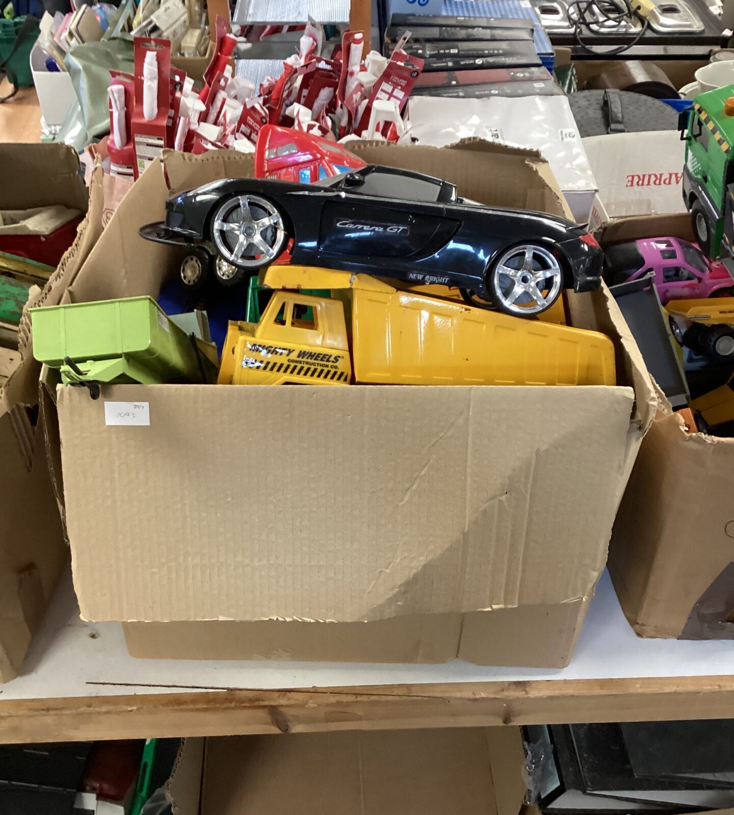Large box of toy vehicles inc Porsche & construction vehicles