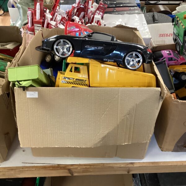 Large box of toy vehicles inc Porsche & construction vehicles