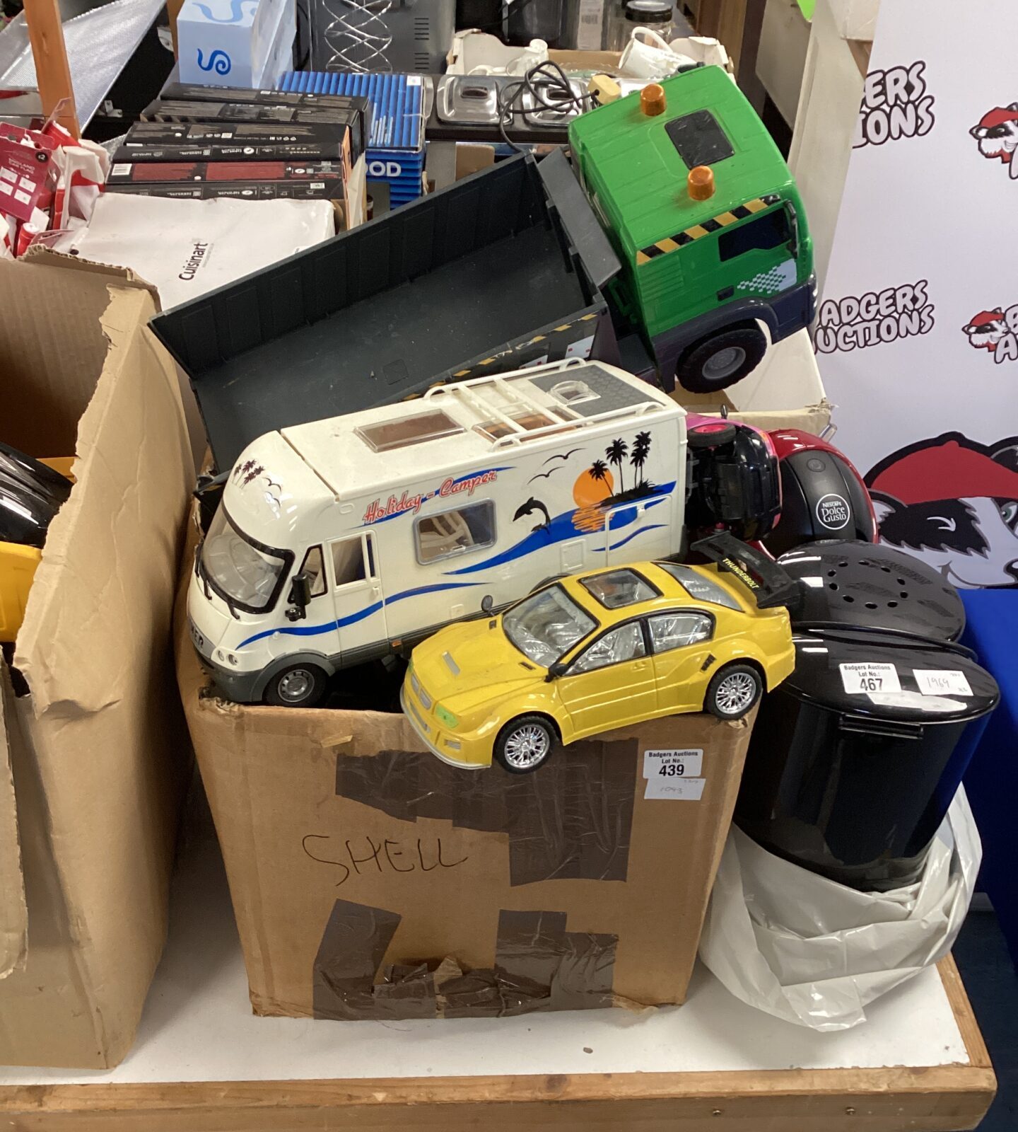 Box of toy cars & construction vehicles