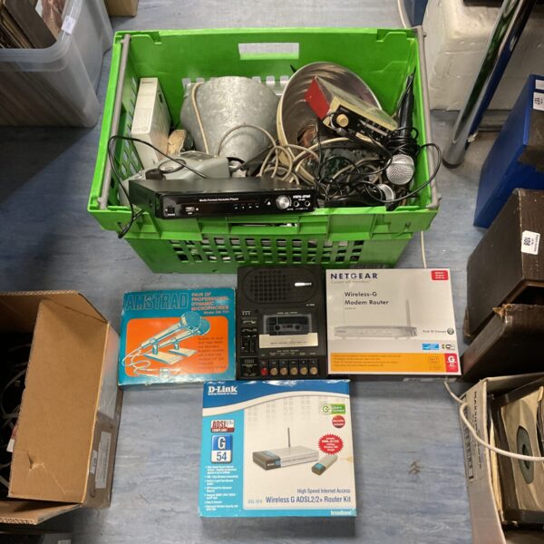 Large box of electricals including amstrad microphones & superscope cassette recorder