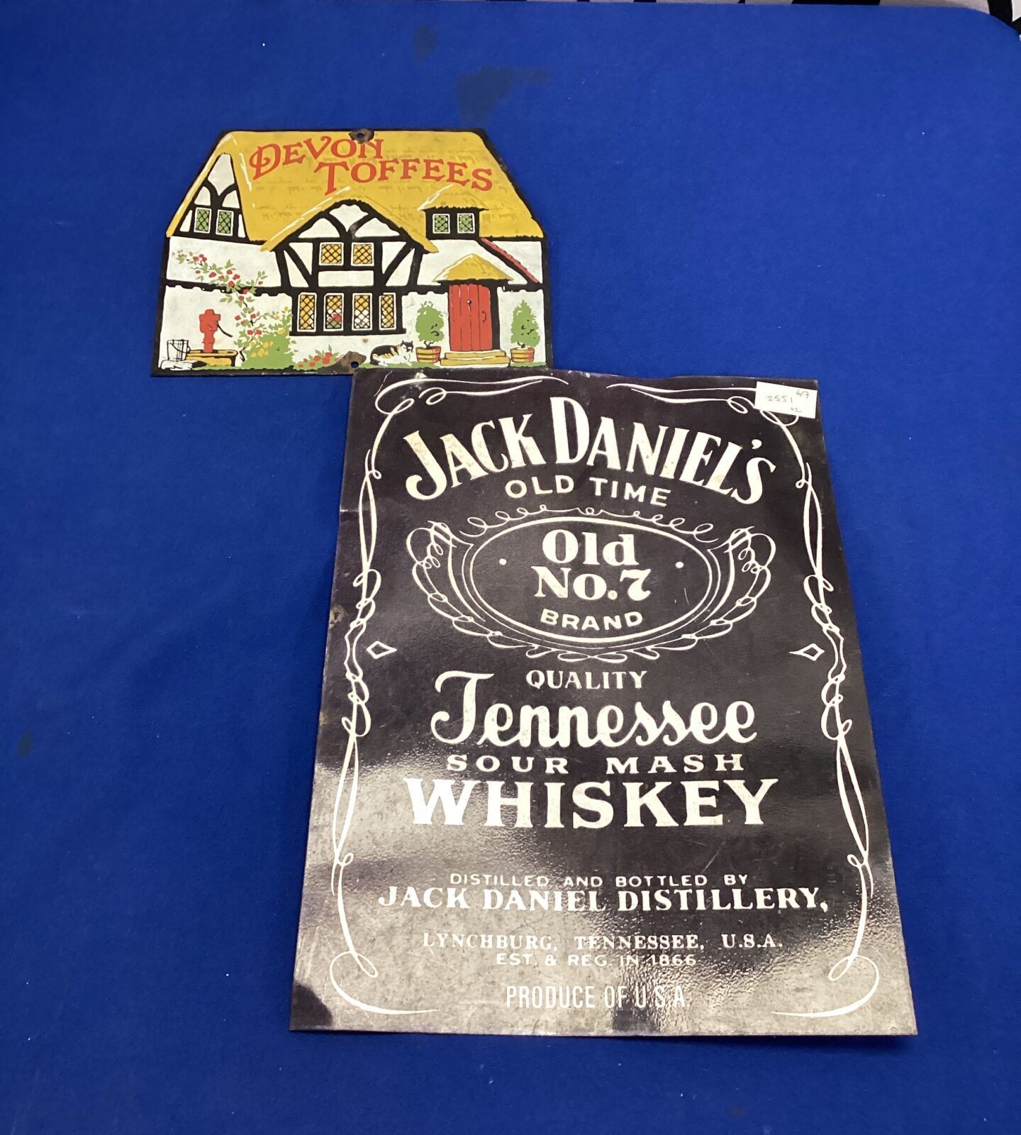 Two repro signs inc JD & devon toffees