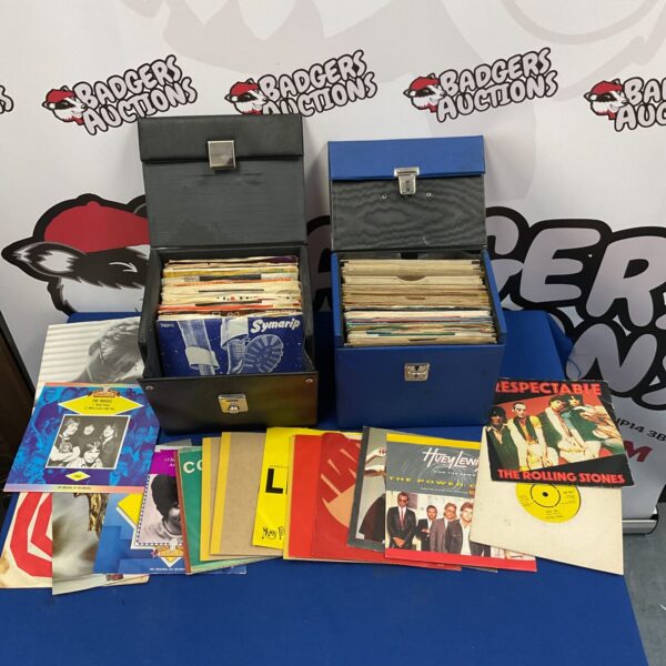 Case of 7” single vinyl records & case of empty sleeves
