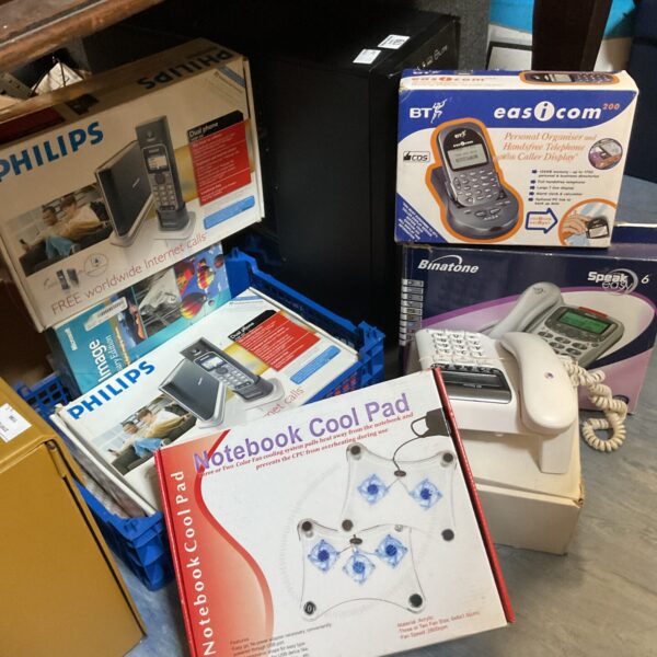 Lot of mixed household electronics including philips home phone & notebook cool pad