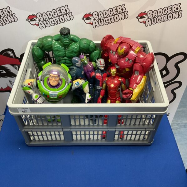 Crate of marvel and disney pixar action figures inc