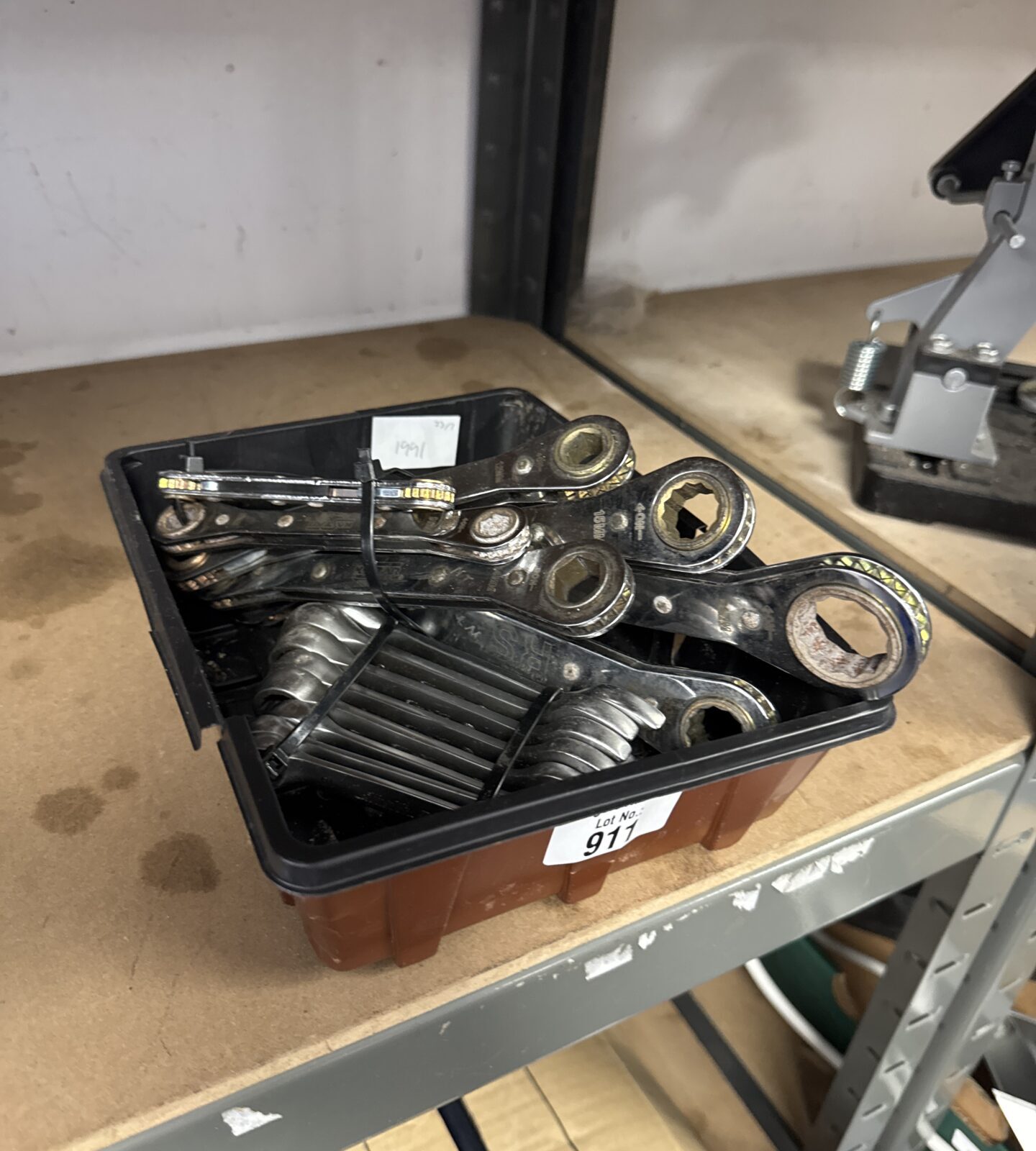 Tub of assorted spanners inc RS ratchet