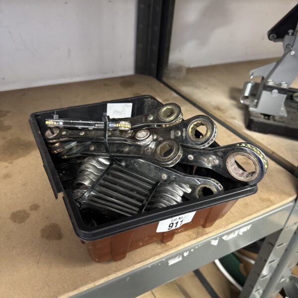 Tub of assorted spanners inc RS ratchet