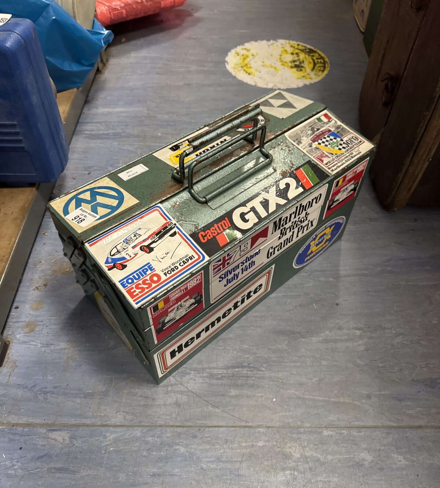 Metal cantilever toolbox with motoring stickers & contents including king dick spanners