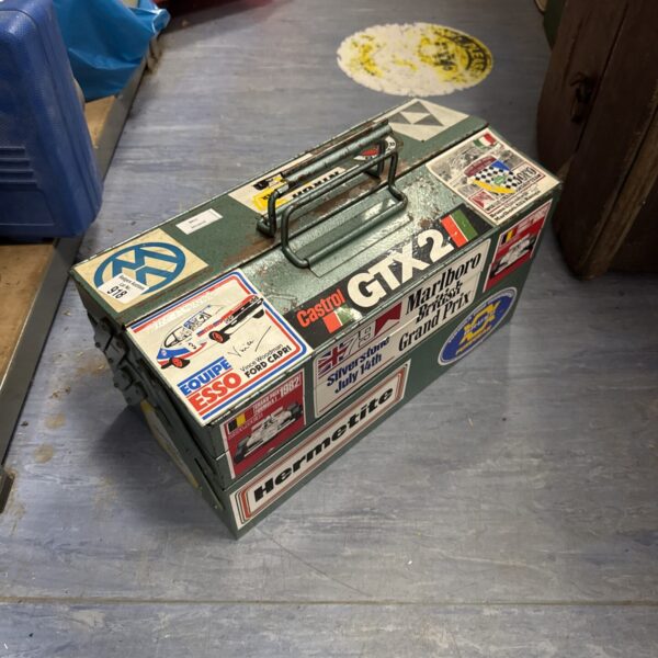 Metal cantilever toolbox with motoring stickers & contents including king dick spanners