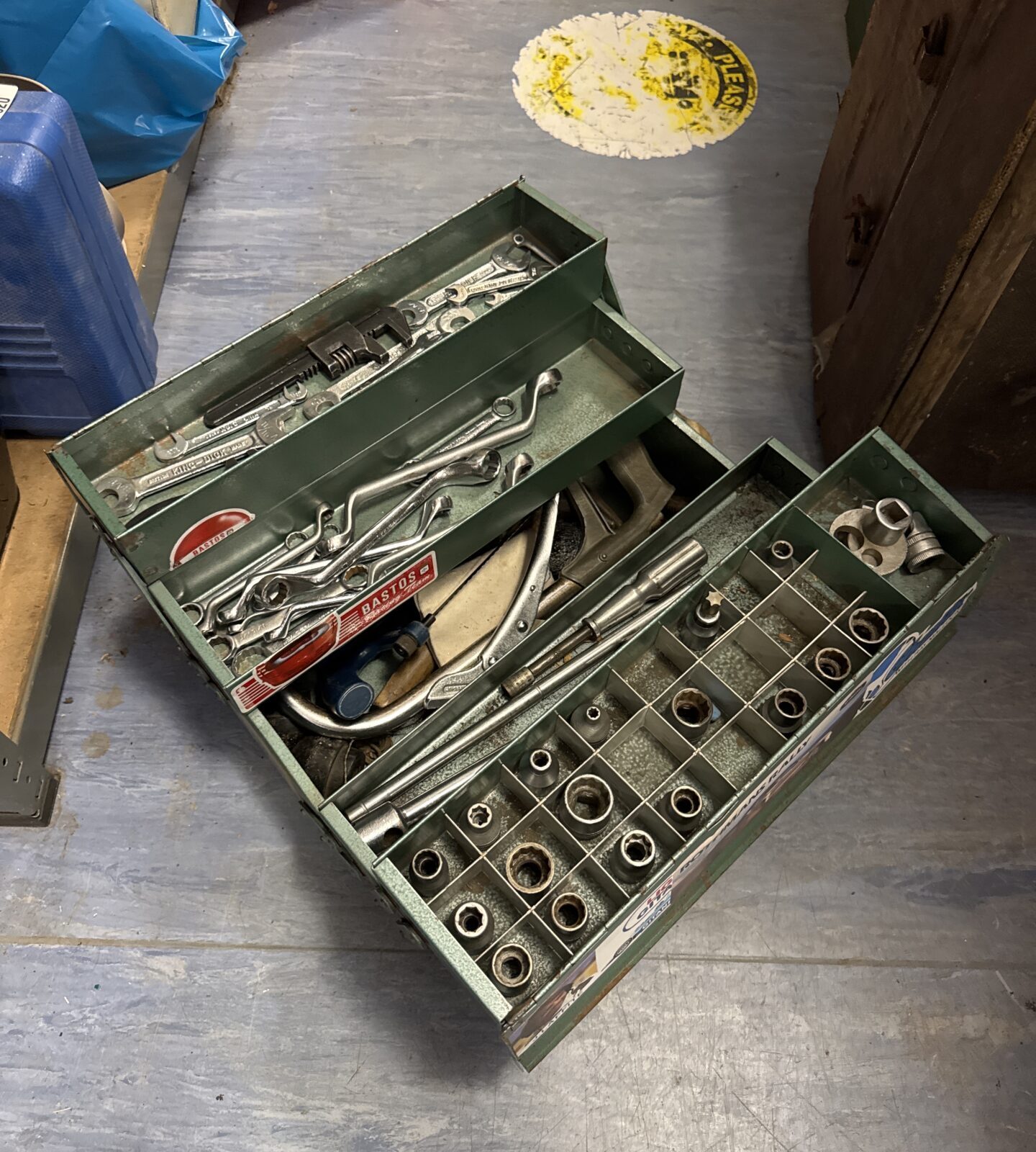 Metal cantilever toolbox with motoring stickers & contents including king dick spanners - Image 2