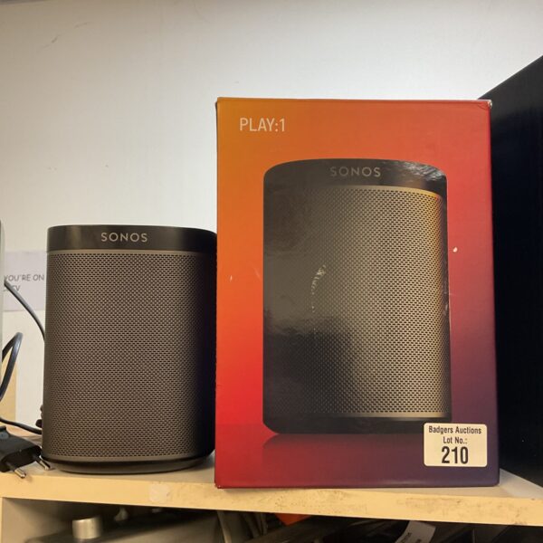 Black Sonos Play 1 wireless smart speaker, side view.