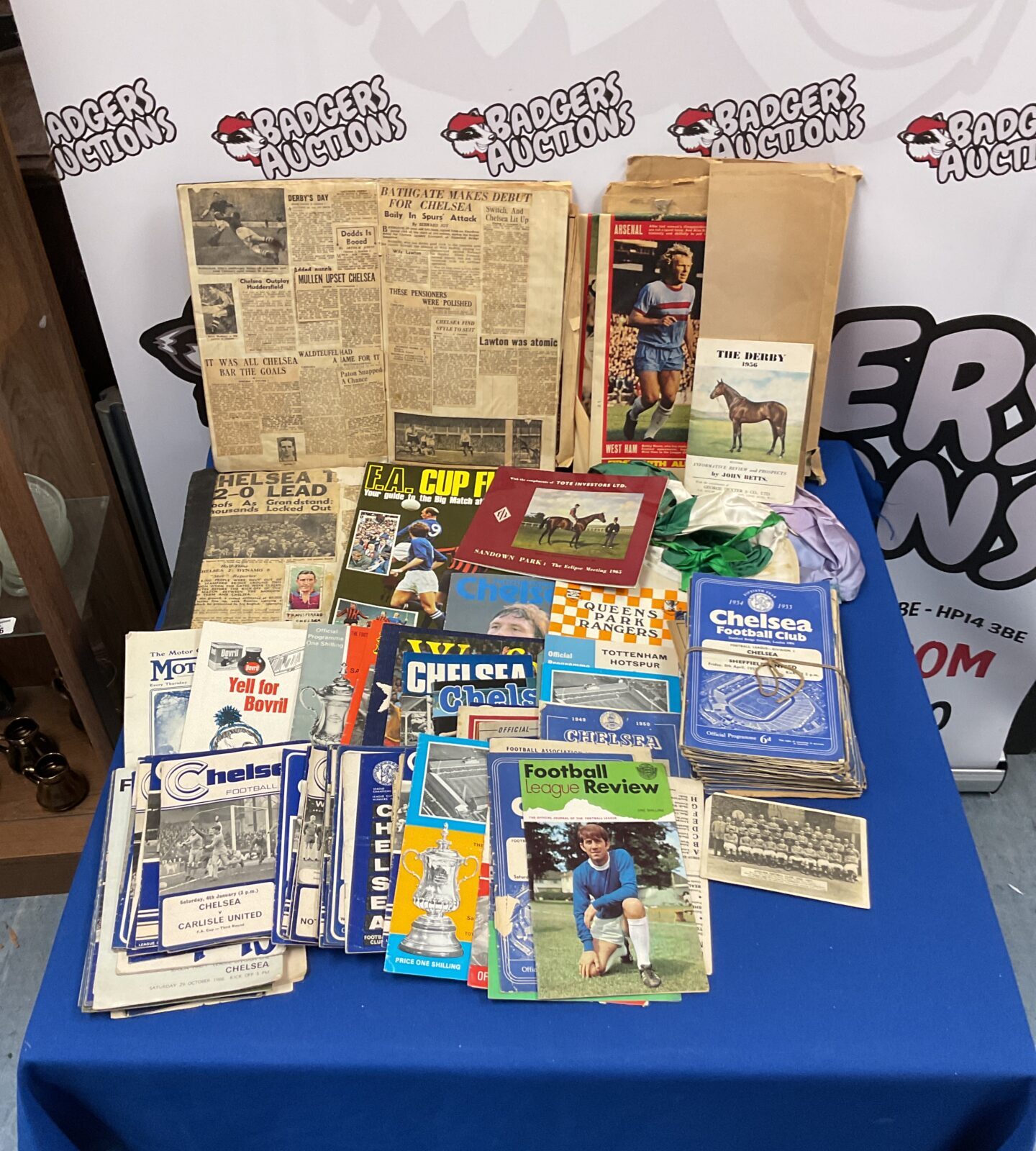 Box of vintage chelsea football programs & ephemera inc scrap book