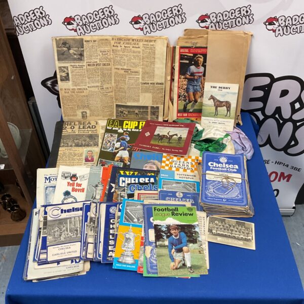 Box of vintage chelsea football programs & ephemera inc scrap book