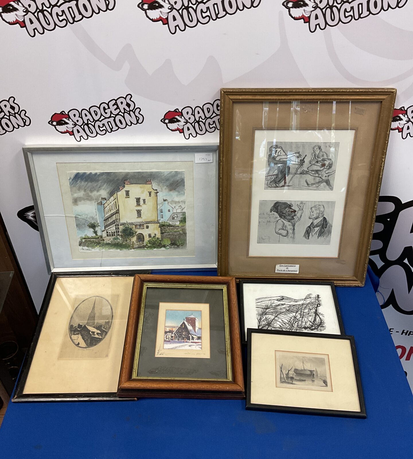 Six framed prints & artworks including alec louis watercolour
