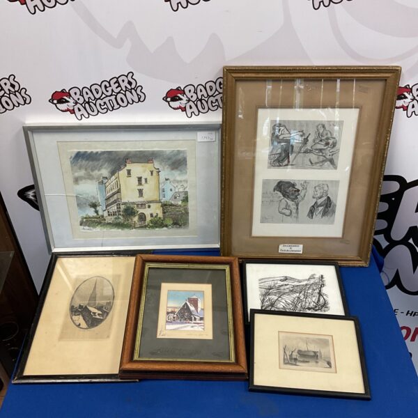 Six framed prints & artworks including alec louis watercolour