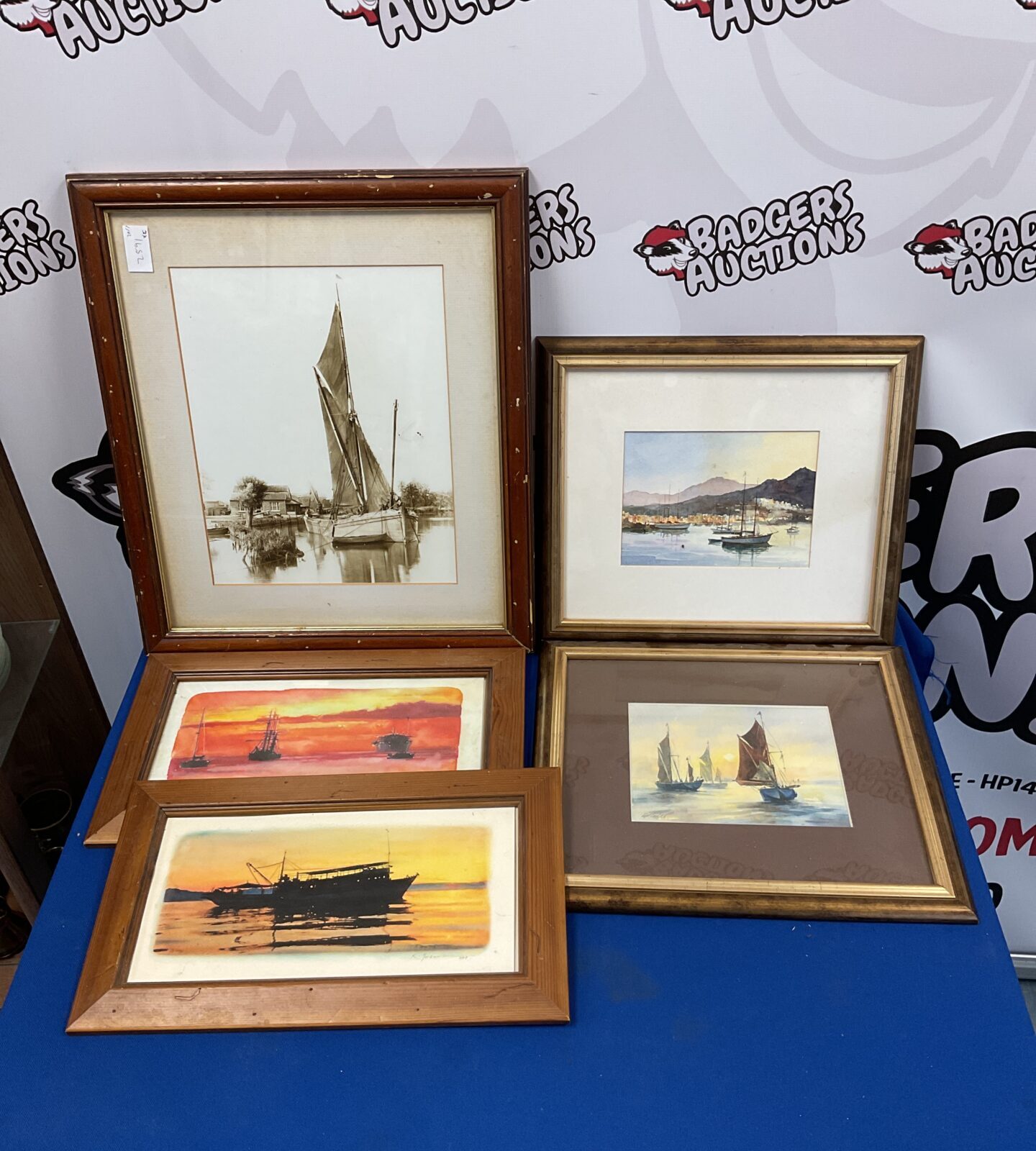 Five framed nautical prints & watercolours