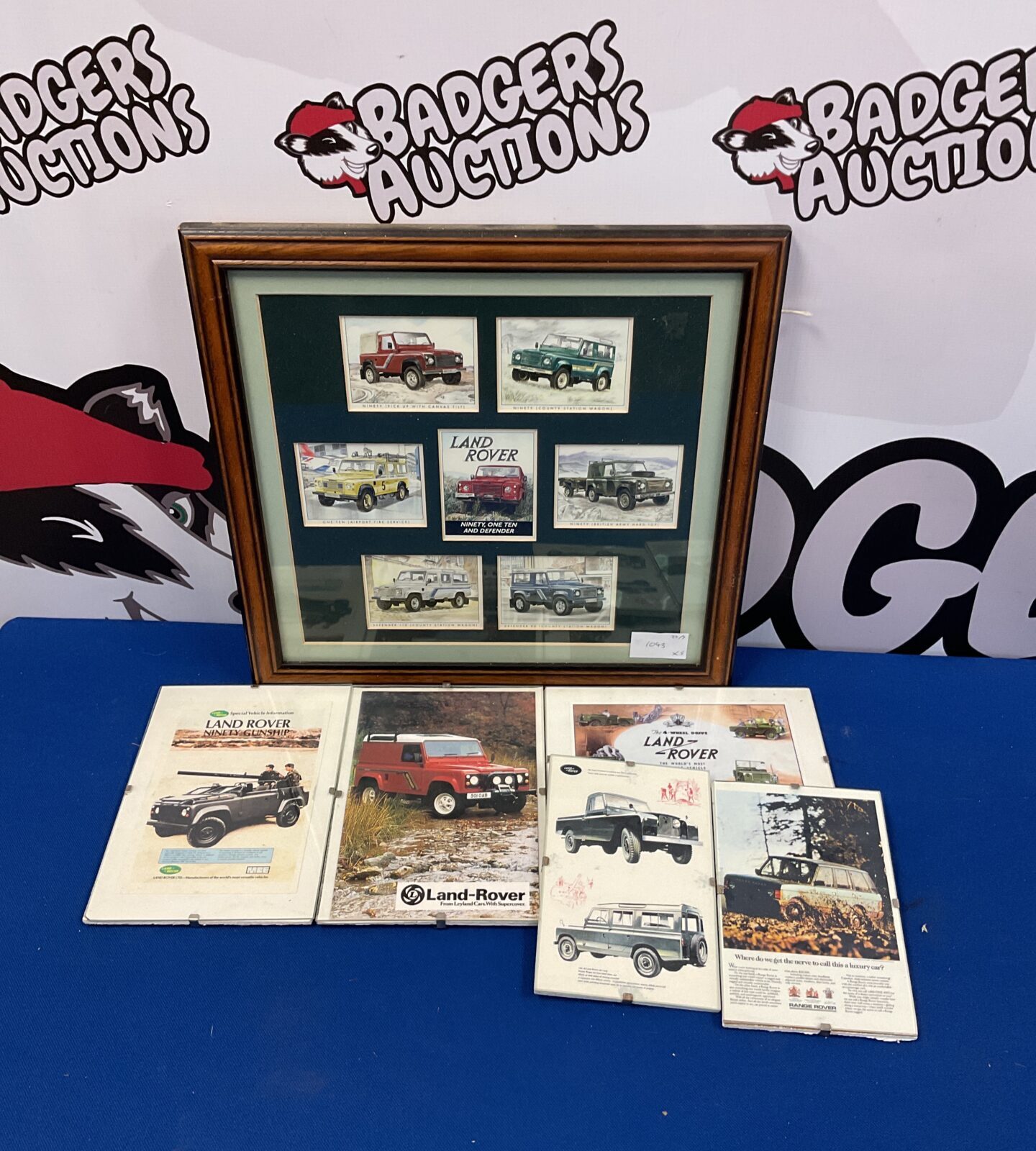 Set of framed land rover collectors cards & advertising prints