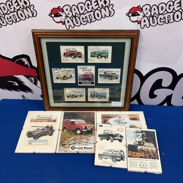 Set of framed land rover collectors cards & advertising prints