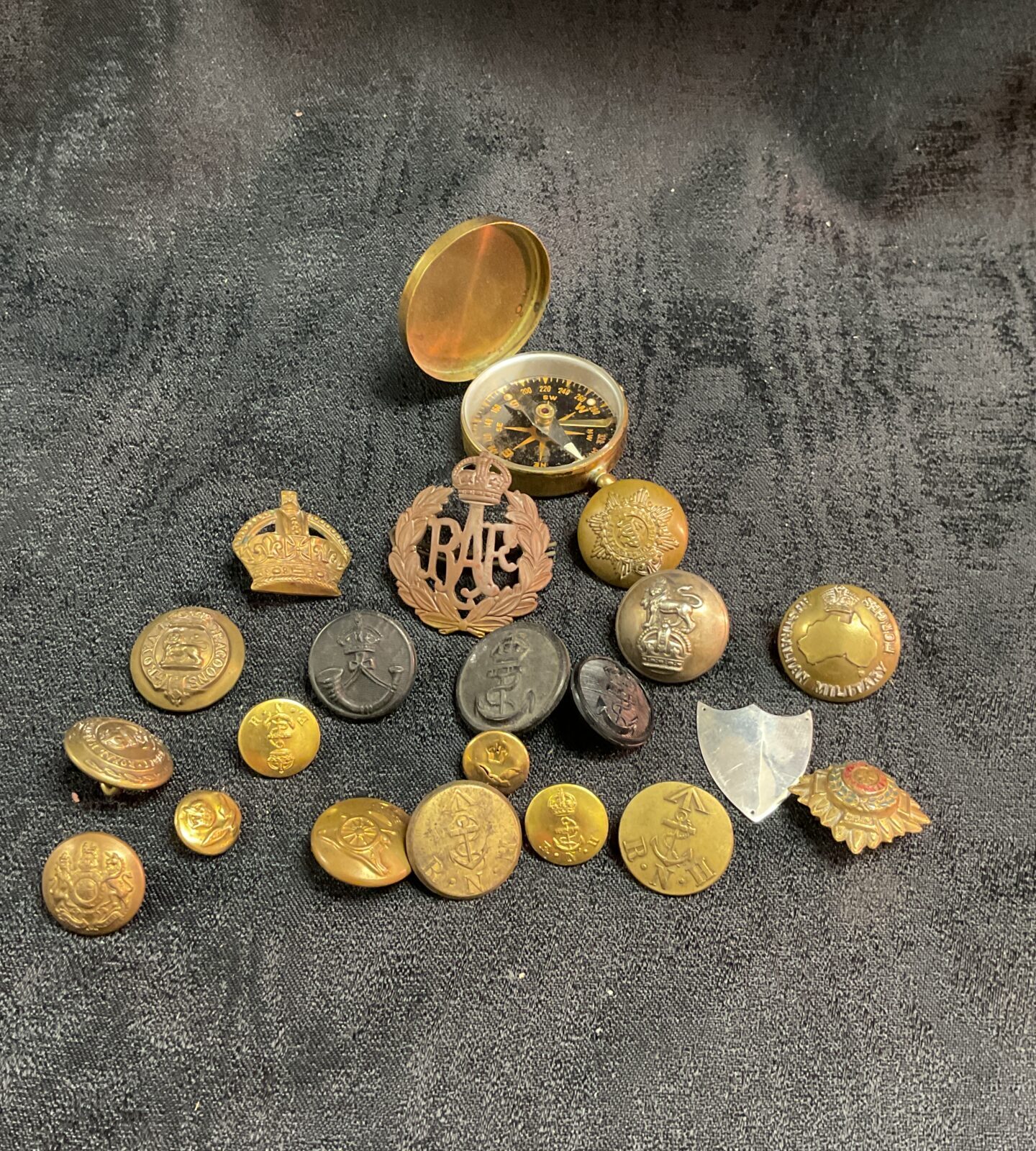 Collection of military badges and buttons inc raf and brass compass