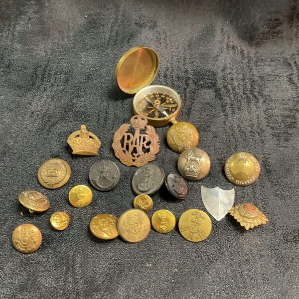 Collection of military badges and buttons inc raf and brass compass